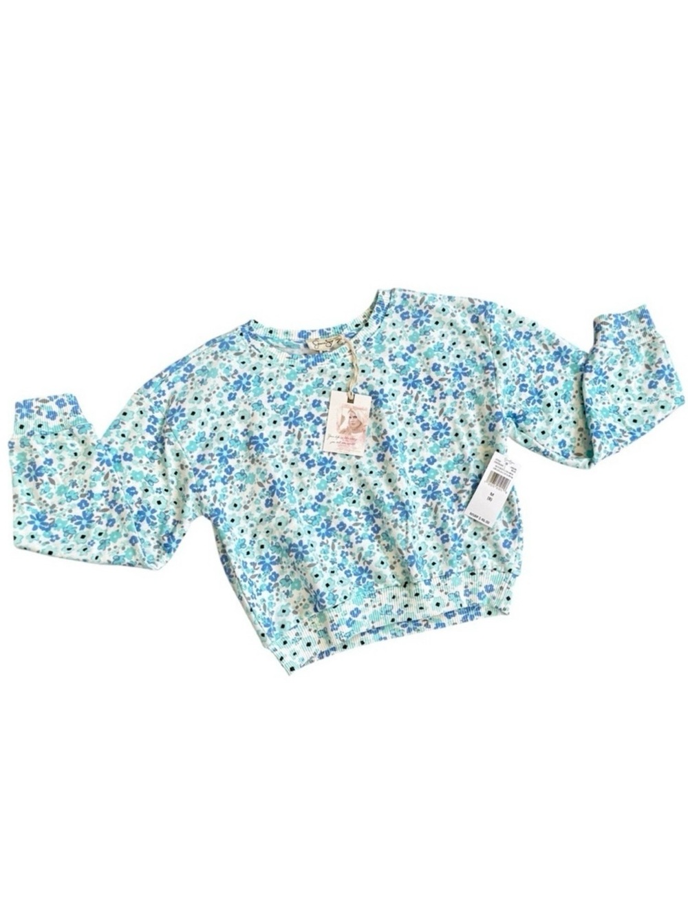 Jessica Simpson Blue Teal & White Floral Long Sleeve Top Sweatshirt Size 8 NWT